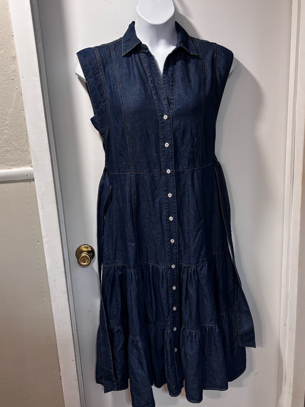 Sleeveless Dark Indigo Denim Midi Shirt Dress